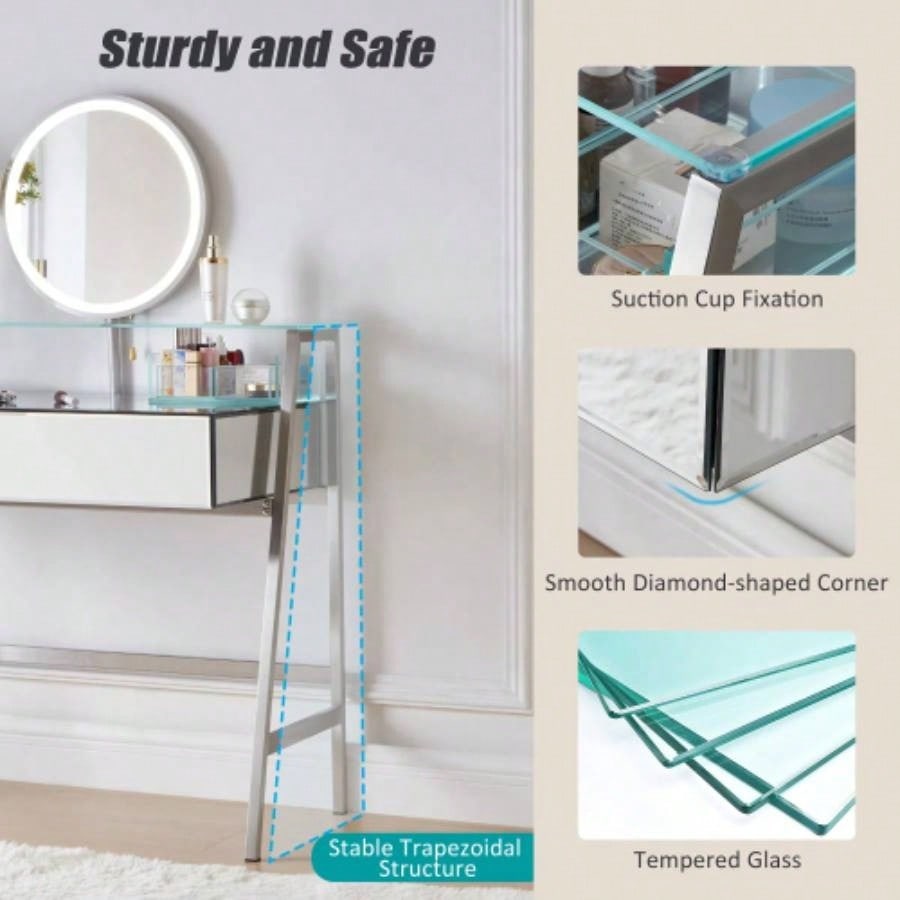33.9 Mirrored Makeup Vanity Desk with Mirror and Lights, Mirrored Console Vanity Table with 2 Big Drawers Open Shelf, Dressing Table with Charging Station Bedroom, Silver
