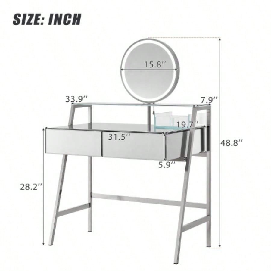 33.9 Mirrored Makeup Vanity Desk with Mirror and Lights, Mirrored Console Vanity Table with 2 Big Drawers Open Shelf, Dressing Table with Charging Station Bedroom, Silver