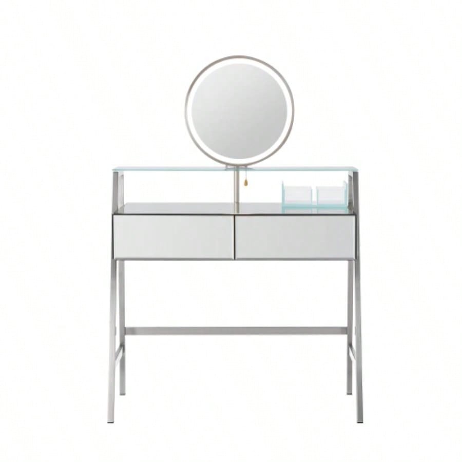 33.9 Mirrored Makeup Vanity Desk with Mirror and Lights, Mirrored Console Vanity Table with 2 Big Drawers Open Shelf, Dressing Table with Charging Station Bedroom, Silver