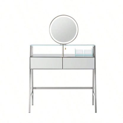 33.9 Mirrored Makeup Vanity Desk with Mirror and Lights, Mirrored Console Vanity Table with 2 Big Drawers Open Shelf, Dressing Table with Charging Station Bedroom, Silver