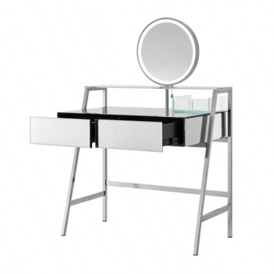 33.9 Mirrored Makeup Vanity Desk with Mirror and Lights, Mirrored Console Vanity Table with 2 Big Drawers Open Shelf, Dressing Table with Charging Station Bedroom, Silver