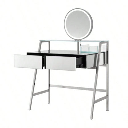 33.9 Mirrored Makeup Vanity Desk with Mirror and Lights, Mirrored Console Vanity Table with 2 Big Drawers Open Shelf, Dressing Table with Charging Station Bedroom, Silver