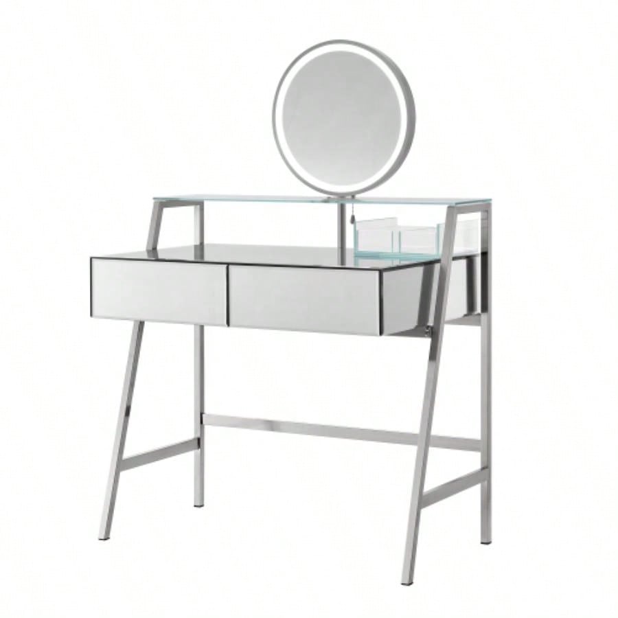 33.9 Mirrored Makeup Vanity Desk with Mirror and Lights, Mirrored Console Vanity Table with 2 Big Drawers Open Shelf, Dressing Table with Charging Station Bedroom, Silver