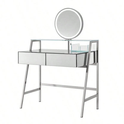 33.9 Mirrored Makeup Vanity Desk with Mirror and Lights, Mirrored Console Vanity Table with 2 Big Drawers Open Shelf, Dressing Table with Charging Station Bedroom, Silver