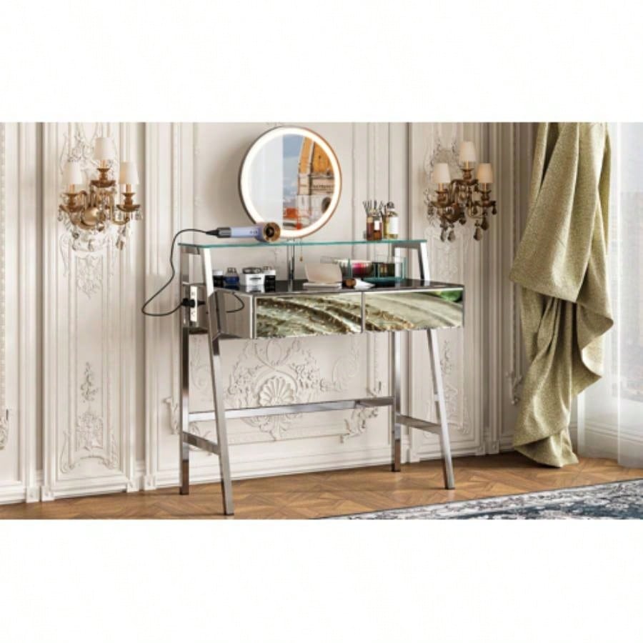 33.9 Mirrored Makeup Vanity Desk with Mirror and Lights, Mirrored Console Vanity Table with 2 Big Drawers Open Shelf, Dressing Table with Charging Station Bedroom, Silver