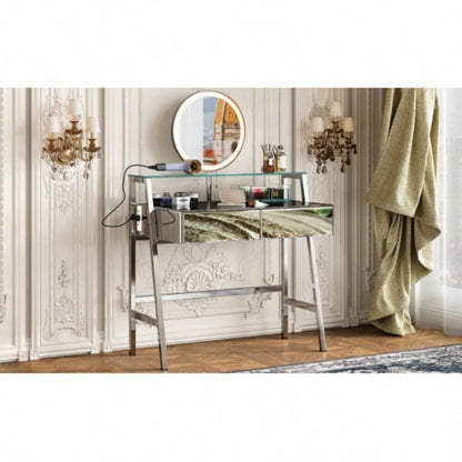 33.9 Mirrored Makeup Vanity Desk with Mirror and Lights, Mirrored Console Vanity Table with 2 Big Drawers Open Shelf, Dressing Table with Charging Station Bedroom, Silver