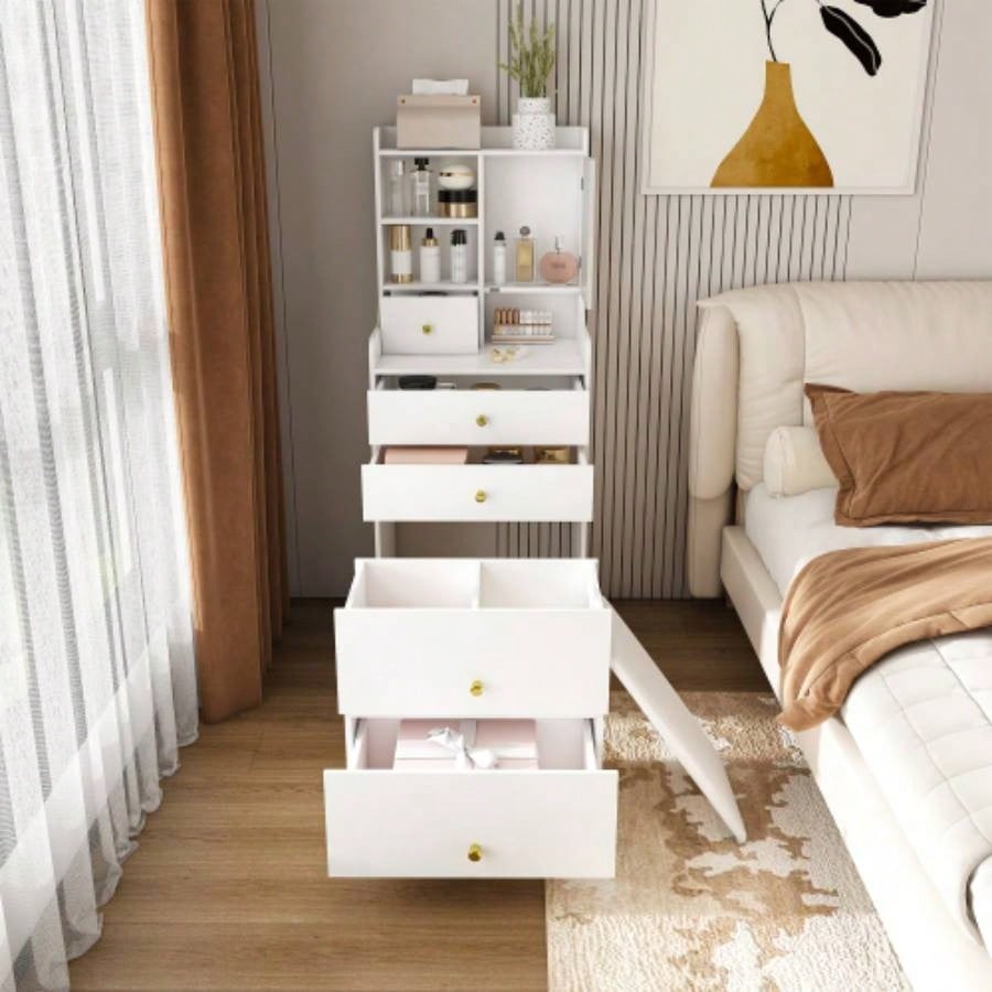 3 - in - 1 Dressing Table with LED Mirror Storage Stool - Compact Makeup Vanity with 4 Drawers, Storage Cabinet Hidden Stool, White Density Board Design, Open Bookshelf Bedroom Organization