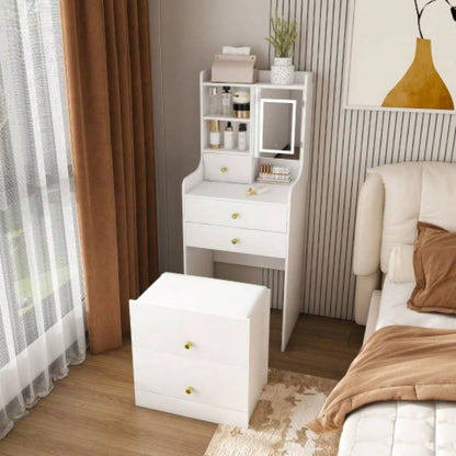 3 - in - 1 Dressing Table with LED Mirror Storage Stool - Compact Makeup Vanity with 4 Drawers, Storage Cabinet Hidden Stool, White Density Board Design, Open Bookshelf Bedroom Organization