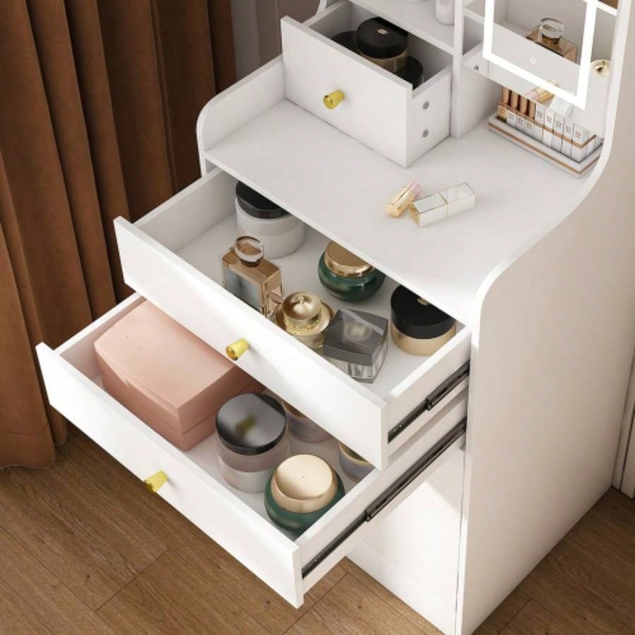 3 - in - 1 Dressing Table with LED Mirror Storage Stool - Compact Makeup Vanity with 4 Drawers, Storage Cabinet Hidden Stool, White Density Board Design, Open Bookshelf Bedroom Organization