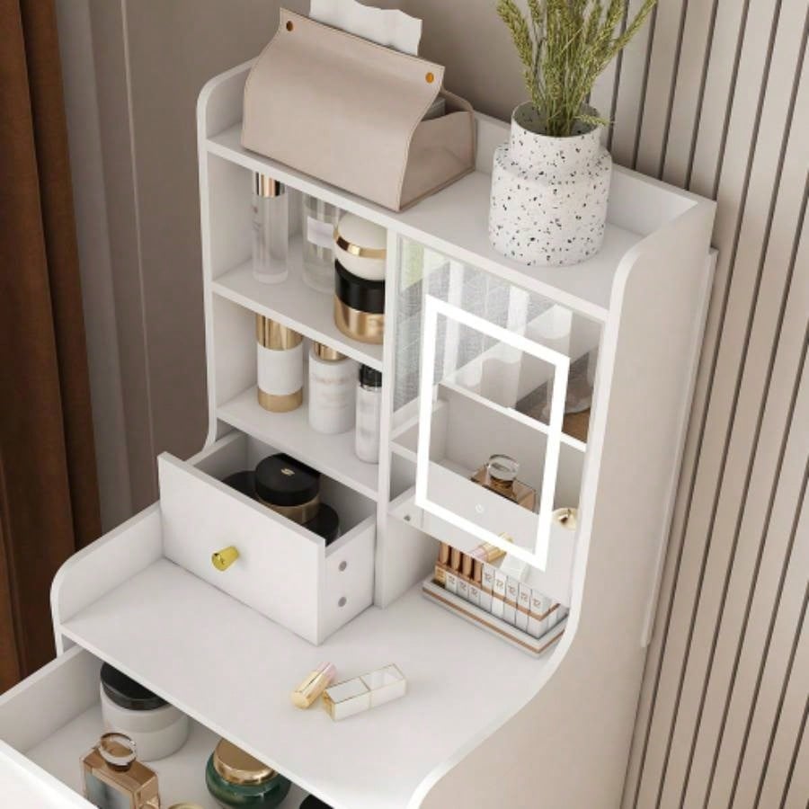 3 - in - 1 Dressing Table with LED Mirror Storage Stool - Compact Makeup Vanity with 4 Drawers, Storage Cabinet Hidden Stool, White Density Board Design, Open Bookshelf Bedroom Organization