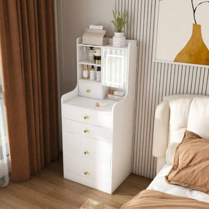 3 - in - 1 Dressing Table with LED Mirror Storage Stool - Compact Makeup Vanity with 4 Drawers, Storage Cabinet Hidden Stool, White Density Board Design, Open Bookshelf Bedroom Organization