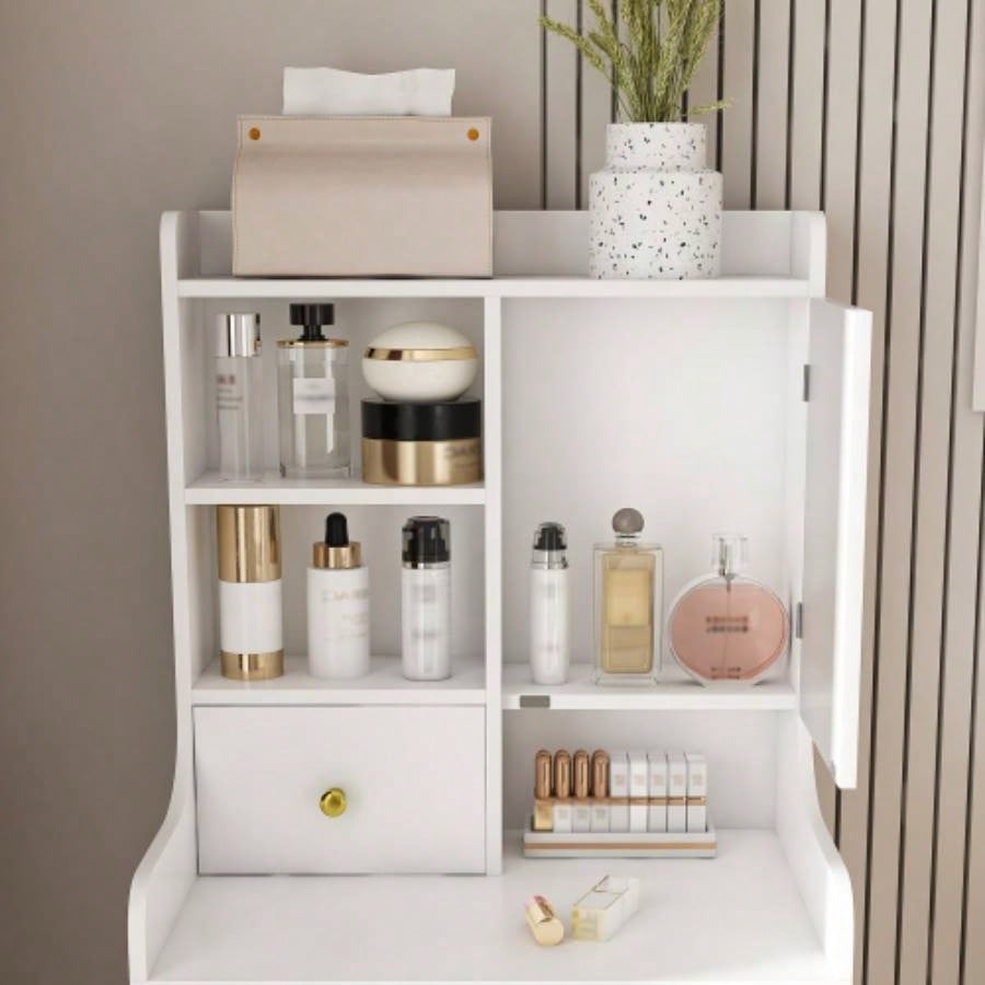 3 - in - 1 Dressing Table with LED Mirror Storage Stool - Compact Makeup Vanity with 4 Drawers, Storage Cabinet Hidden Stool, White Density Board Design, Open Bookshelf Bedroom Organization