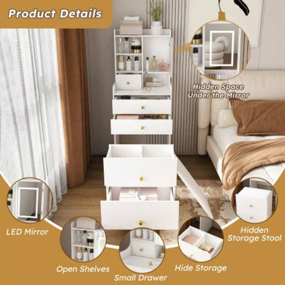 3 - in - 1 Dressing Table with LED Mirror Storage Stool - Compact Makeup Vanity with 4 Drawers, Storage Cabinet Hidden Stool, White Density Board Design, Open Bookshelf Bedroom Organization