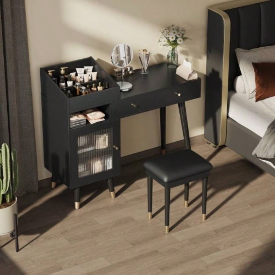 Modern Makeup Vanity Desk with Drawers, Cabinet Charging Port, Space - saving Dressing Table Set with Stool Small Places, Black