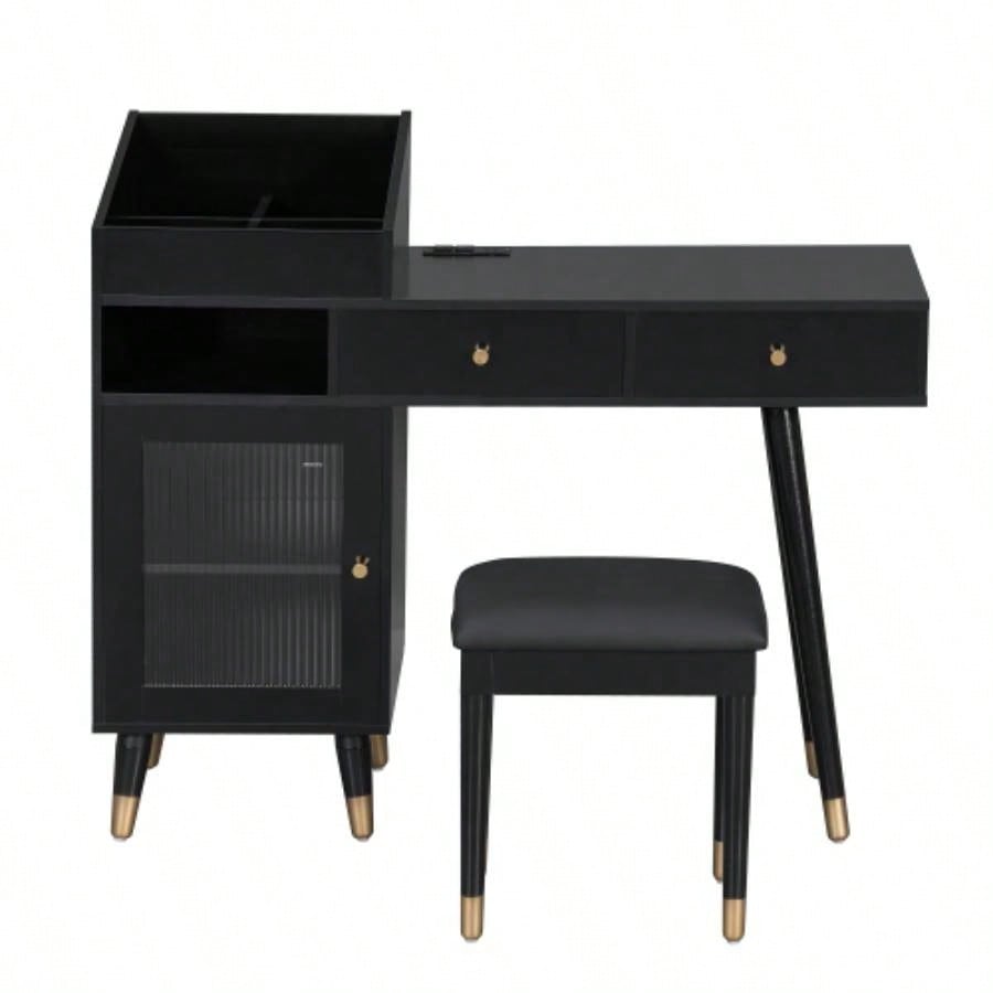 Modern Makeup Vanity Desk with Drawers, Cabinet Charging Port, Space - saving Dressing Table Set with Stool Small Places, Black