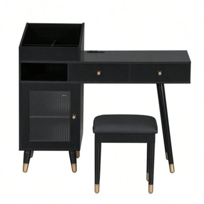 Modern Makeup Vanity Desk with Drawers, Cabinet Charging Port, Space - saving Dressing Table Set with Stool Small Places, Black