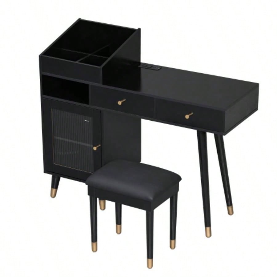 Modern Makeup Vanity Desk with Drawers, Cabinet Charging Port, Space - saving Dressing Table Set with Stool Small Places, Black