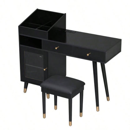 Modern Makeup Vanity Desk with Drawers, Cabinet Charging Port, Space - saving Dressing Table Set with Stool Small Places, Black