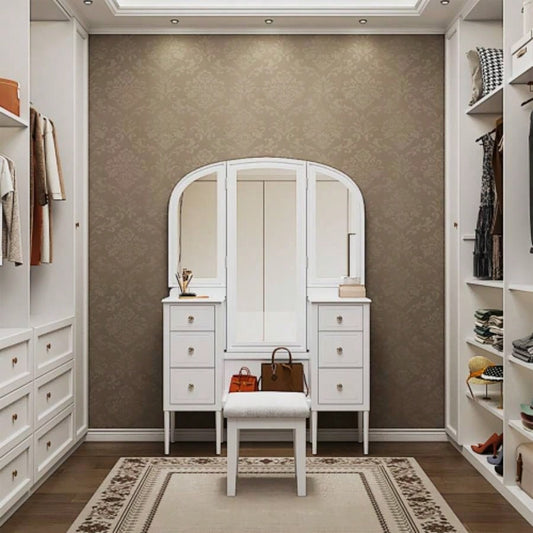Antique Makeup Vanity Desk with Triple Mirror, 6 - Drawer Dressing Table Set Including Stool, Full Length Mirror Bedroom Dressing Room, White