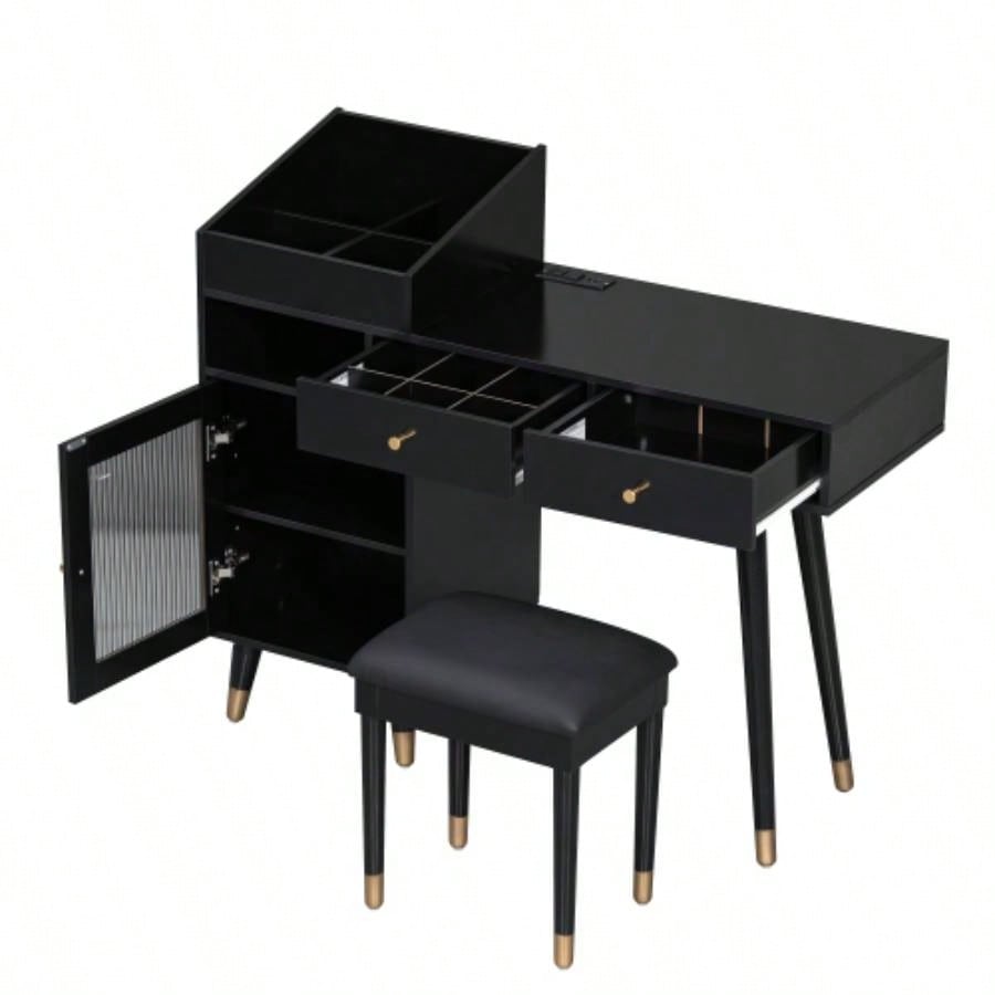 Modern Makeup Vanity Desk with Drawers, Cabinet Charging Port, Space - saving Dressing Table Set with Stool Small Places, Black