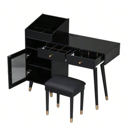 Modern Makeup Vanity Desk with Drawers, Cabinet Charging Port, Space - saving Dressing Table Set with Stool Small Places, Black