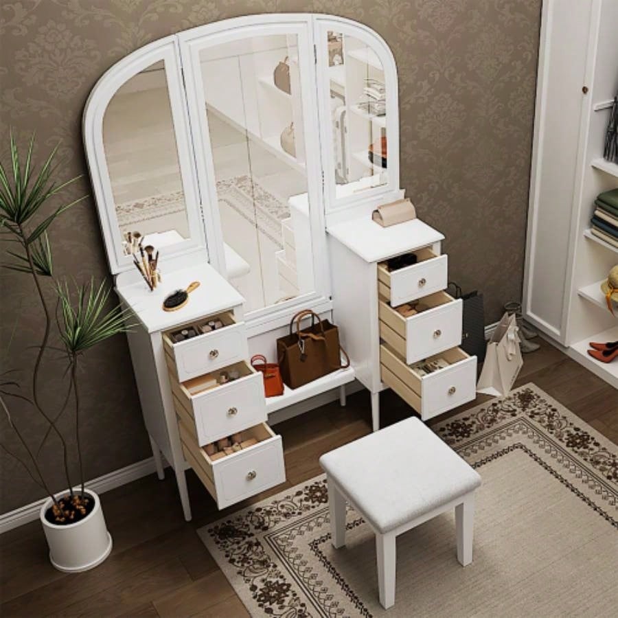 Antique Makeup Vanity Desk with Triple Mirror, 6 - Drawer Dressing Table Set Including Stool, Full Length Mirror Bedroom Dressing Room, White