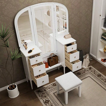 Antique Makeup Vanity Desk with Triple Mirror, 6 - Drawer Dressing Table Set Including Stool, Full Length Mirror Bedroom Dressing Room, White