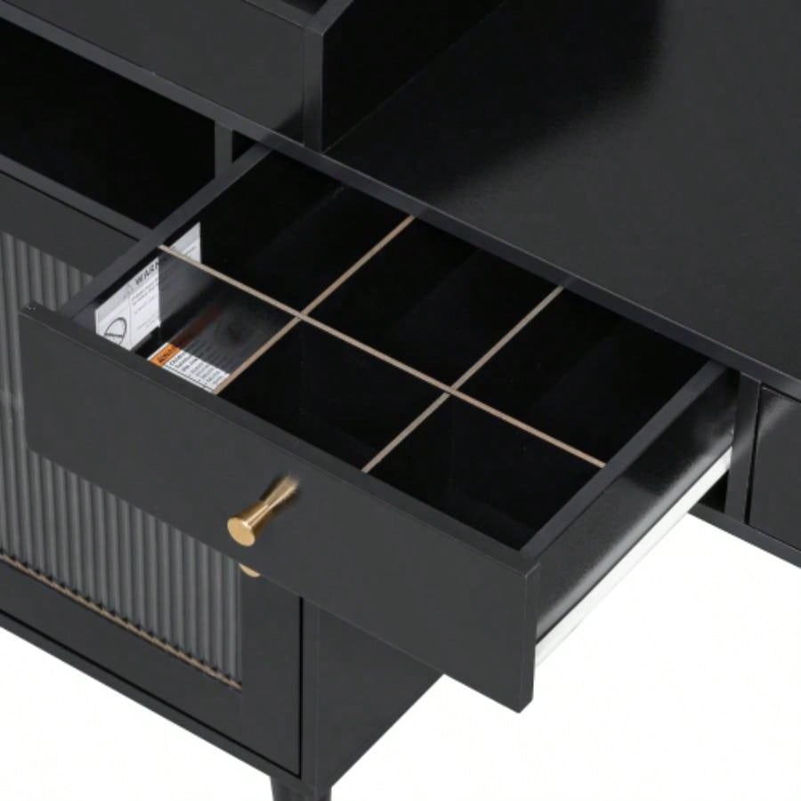 Modern Makeup Vanity Desk with Drawers, Cabinet Charging Port, Space - saving Dressing Table Set with Stool Small Places, Black