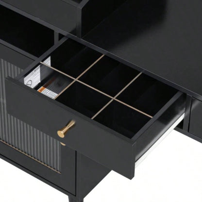 Modern Makeup Vanity Desk with Drawers, Cabinet Charging Port, Space - saving Dressing Table Set with Stool Small Places, Black