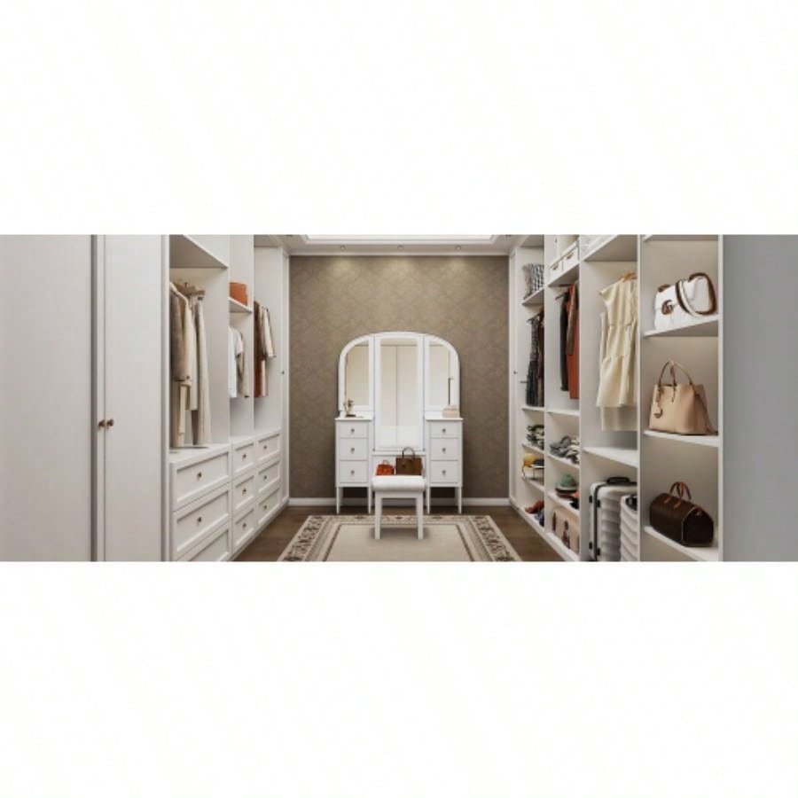 Antique Makeup Vanity Desk with Triple Mirror, 6 - Drawer Dressing Table Set Including Stool, Full Length Mirror Bedroom Dressing Room, White
