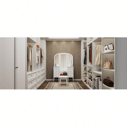 Antique Makeup Vanity Desk with Triple Mirror, 6 - Drawer Dressing Table Set Including Stool, Full Length Mirror Bedroom Dressing Room, White