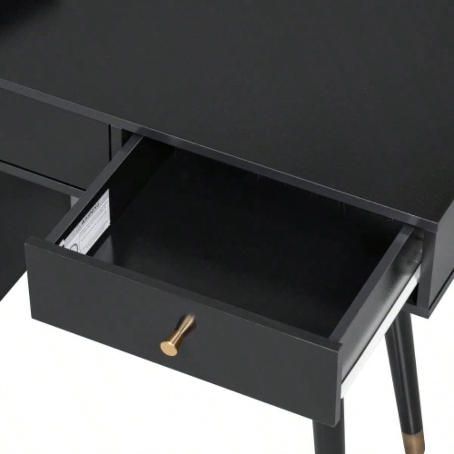 Modern Makeup Vanity Desk with Drawers, Cabinet Charging Port, Space - saving Dressing Table Set with Stool Small Places, Black