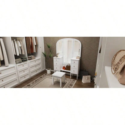 Antique Makeup Vanity Desk with Triple Mirror, 6 - Drawer Dressing Table Set Including Stool, Full Length Mirror Bedroom Dressing Room, White