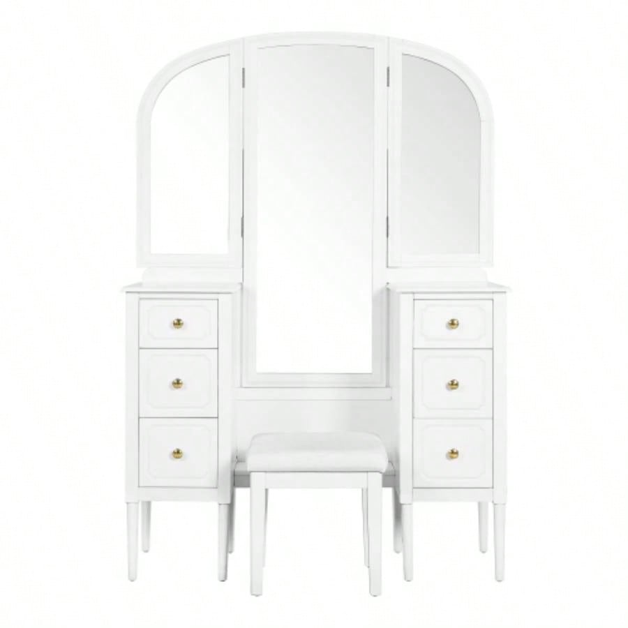 Antique Makeup Vanity Desk with Triple Mirror, 6 - Drawer Dressing Table Set Including Stool, Full Length Mirror Bedroom Dressing Room, White