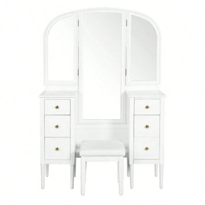 Antique Makeup Vanity Desk with Triple Mirror, 6 - Drawer Dressing Table Set Including Stool, Full Length Mirror Bedroom Dressing Room, White