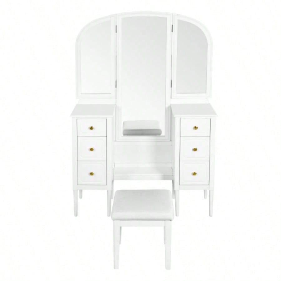 Antique Makeup Vanity Desk with Triple Mirror, 6 - Drawer Dressing Table Set Including Stool, Full Length Mirror Bedroom Dressing Room, White