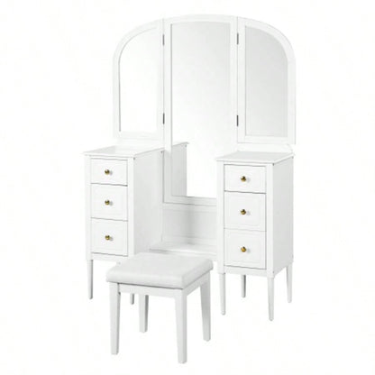 Antique Makeup Vanity Desk with Triple Mirror, 6 - Drawer Dressing Table Set Including Stool, Full Length Mirror Bedroom Dressing Room, White