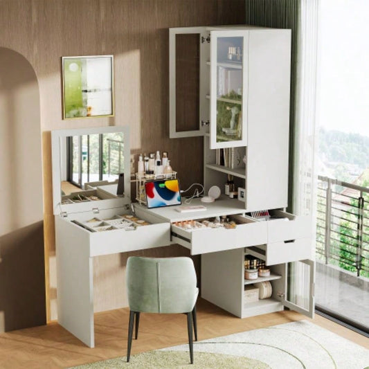 Versatile Makeup Vanity Desk with Mirror and Charging Station, Dressing Table with 8 Hidden Storage Compartments, Computer Desk with 3 Drawers, 2 Cabinets and Open Shelves, Home Office Desk, White