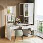 Versatile Makeup Vanity Desk with Mirror and Charging Station, Dressing Table with 8 Hidden Storage Compartments, Computer Desk with 3 Drawers, 2 Cabinets and Open Shelves, Home Office Desk, White