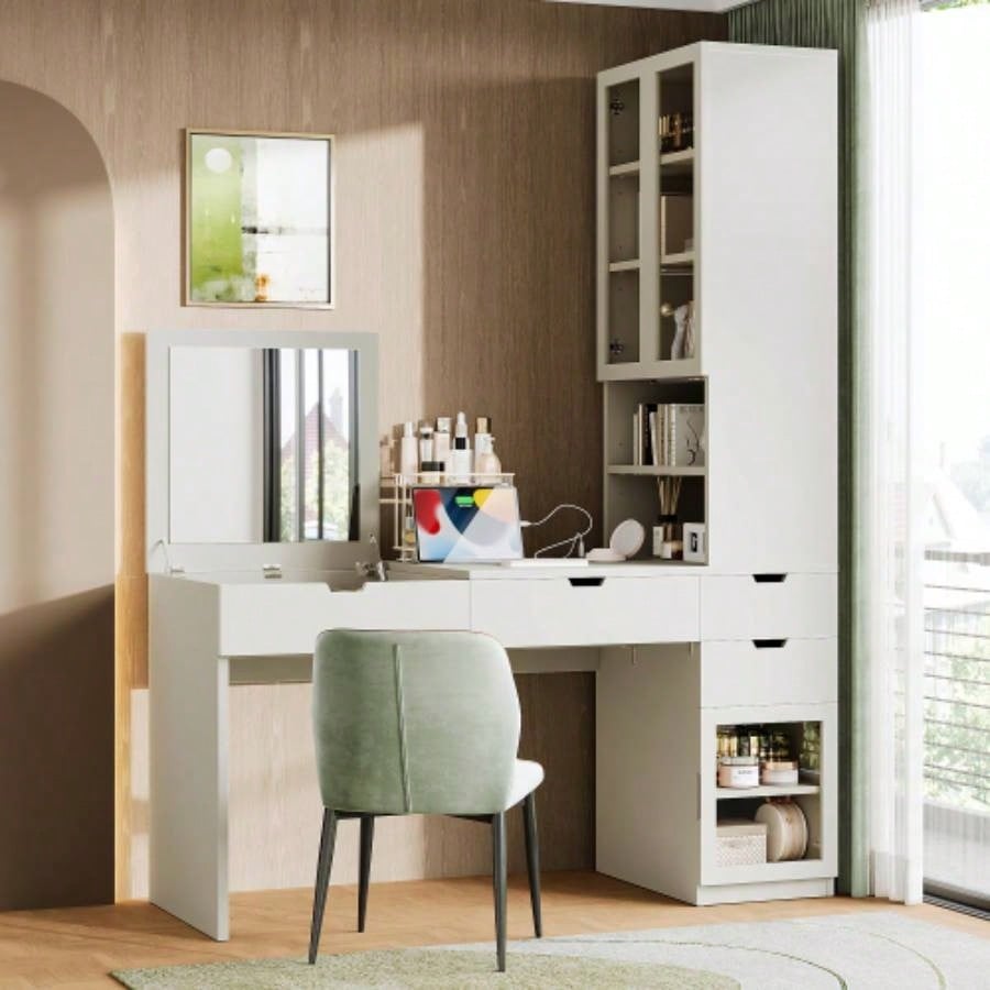 Versatile Makeup Vanity Desk with Mirror and Charging Station, Dressing Table with 8 Hidden Storage Compartments, Computer Desk with 3 Drawers, 2 Cabinets and Open Shelves, Home Office Desk, White