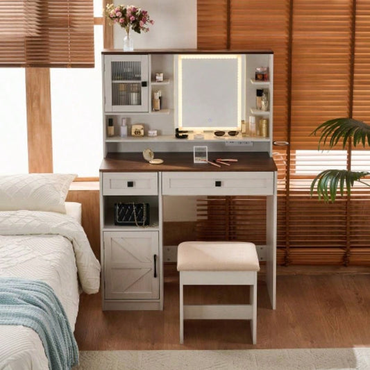 Farmhouse Makeup Vanity Desk with Mirror and Lights, Dressing Table Set with Charging Station and Stool, Drawers, Shelves and Side Cabinet, White