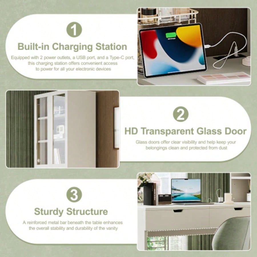Versatile Makeup Vanity Desk with Mirror and Charging Station, Dressing Table with 8 Hidden Storage Compartments, Computer Desk with 3 Drawers, 2 Cabinets and Open Shelves, Home Office Desk, White