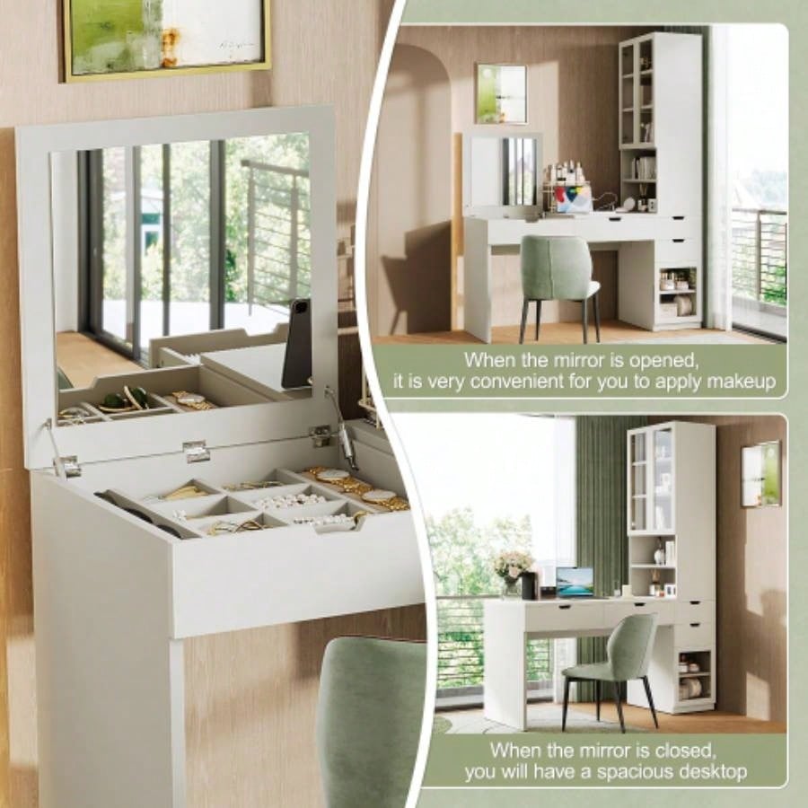 Versatile Makeup Vanity Desk with Mirror and Charging Station, Dressing Table with 8 Hidden Storage Compartments, Computer Desk with 3 Drawers, 2 Cabinets and Open Shelves, Home Office Desk, White