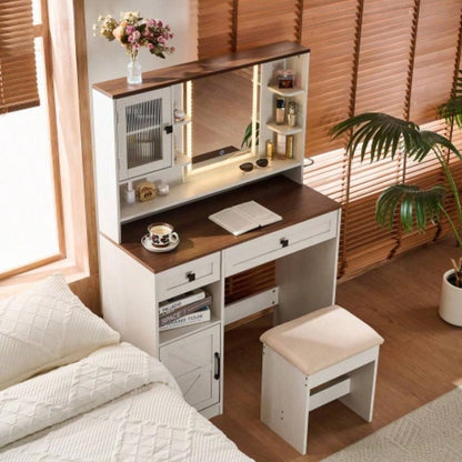 Farmhouse Makeup Vanity Desk with Mirror and Lights, Dressing Table Set with Charging Station and Stool, Drawers, Shelves and Side Cabinet, White