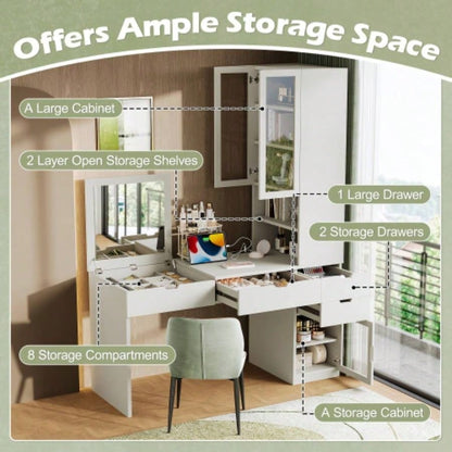 Versatile Makeup Vanity Desk with Mirror and Charging Station, Dressing Table with 8 Hidden Storage Compartments, Computer Desk with 3 Drawers, 2 Cabinets and Open Shelves, Home Office Desk, White