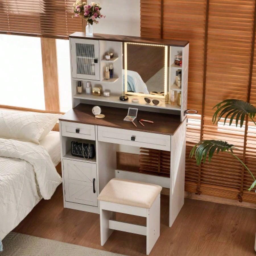 Farmhouse Makeup Vanity Desk with Mirror and Lights, Dressing Table Set with Charging Station and Stool, Drawers, Shelves and Side Cabinet, White
