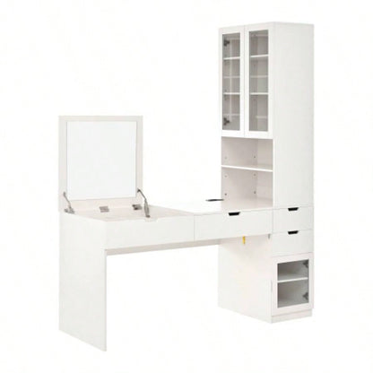 Versatile Makeup Vanity Desk with Mirror and Charging Station, Dressing Table with 8 Hidden Storage Compartments, Computer Desk with 3 Drawers, 2 Cabinets and Open Shelves, Home Office Desk, White