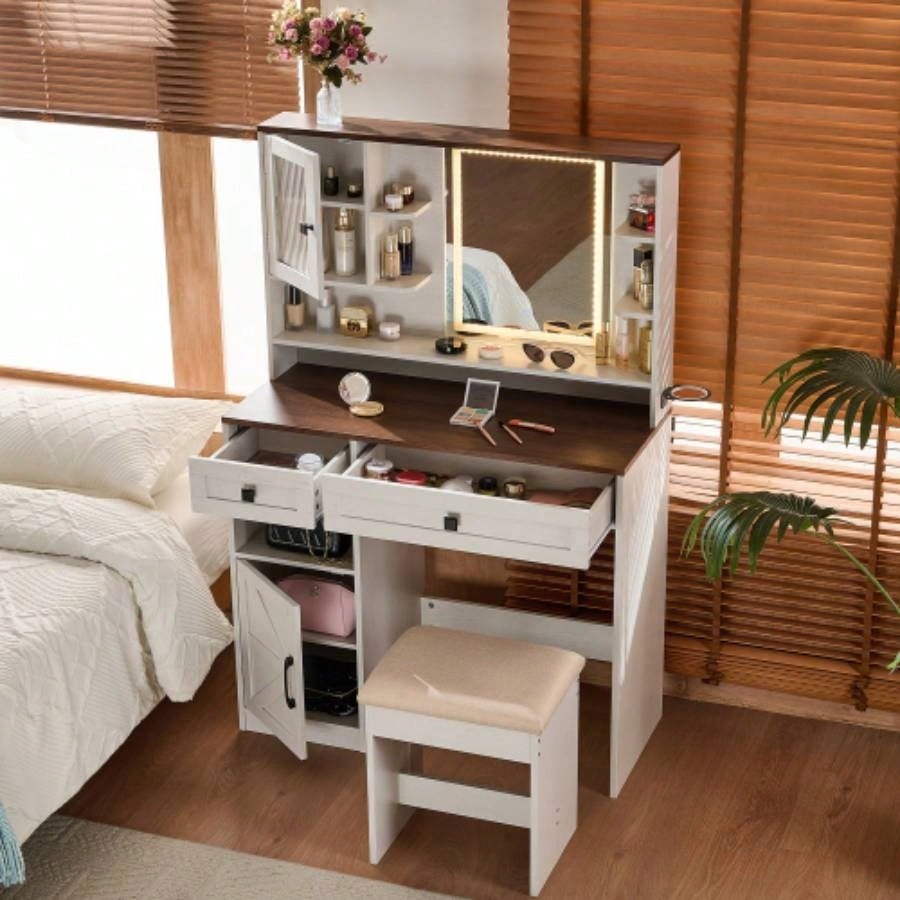 Farmhouse Makeup Vanity Desk with Mirror and Lights, Dressing Table Set with Charging Station and Stool, Drawers, Shelves and Side Cabinet, White