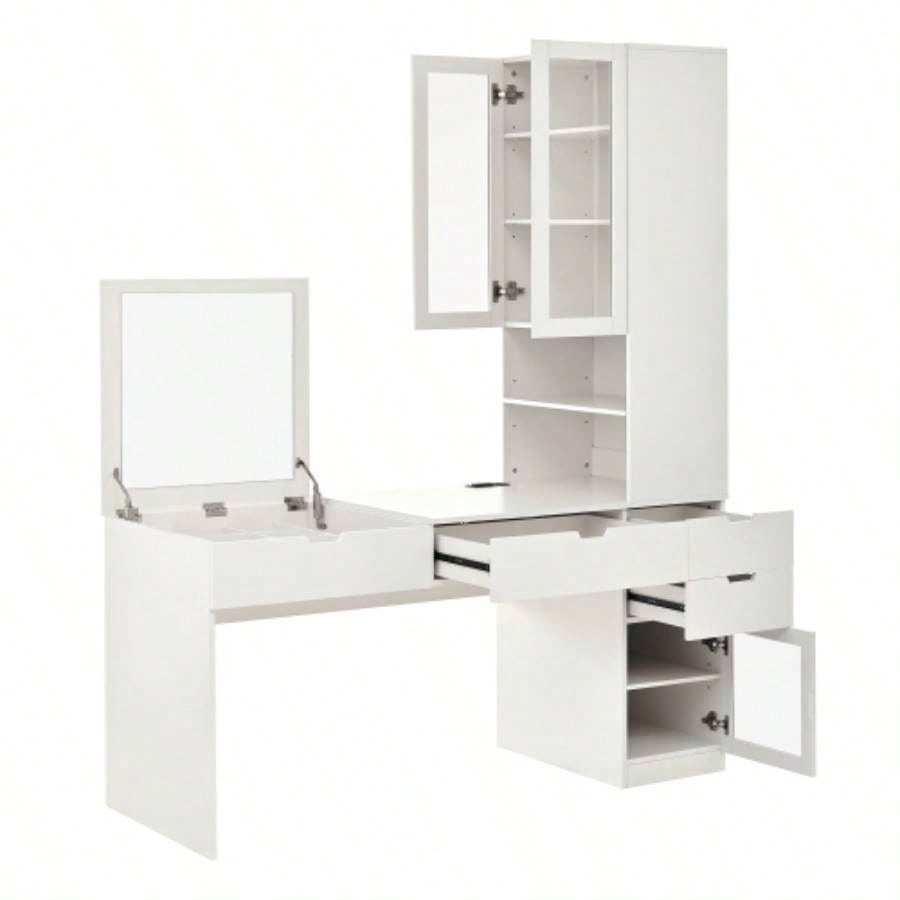 Versatile Makeup Vanity Desk with Mirror and Charging Station, Dressing Table with 8 Hidden Storage Compartments, Computer Desk with 3 Drawers, 2 Cabinets and Open Shelves, Home Office Desk, White