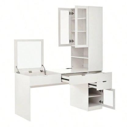 Versatile Makeup Vanity Desk with Mirror and Charging Station, Dressing Table with 8 Hidden Storage Compartments, Computer Desk with 3 Drawers, 2 Cabinets and Open Shelves, Home Office Desk, White